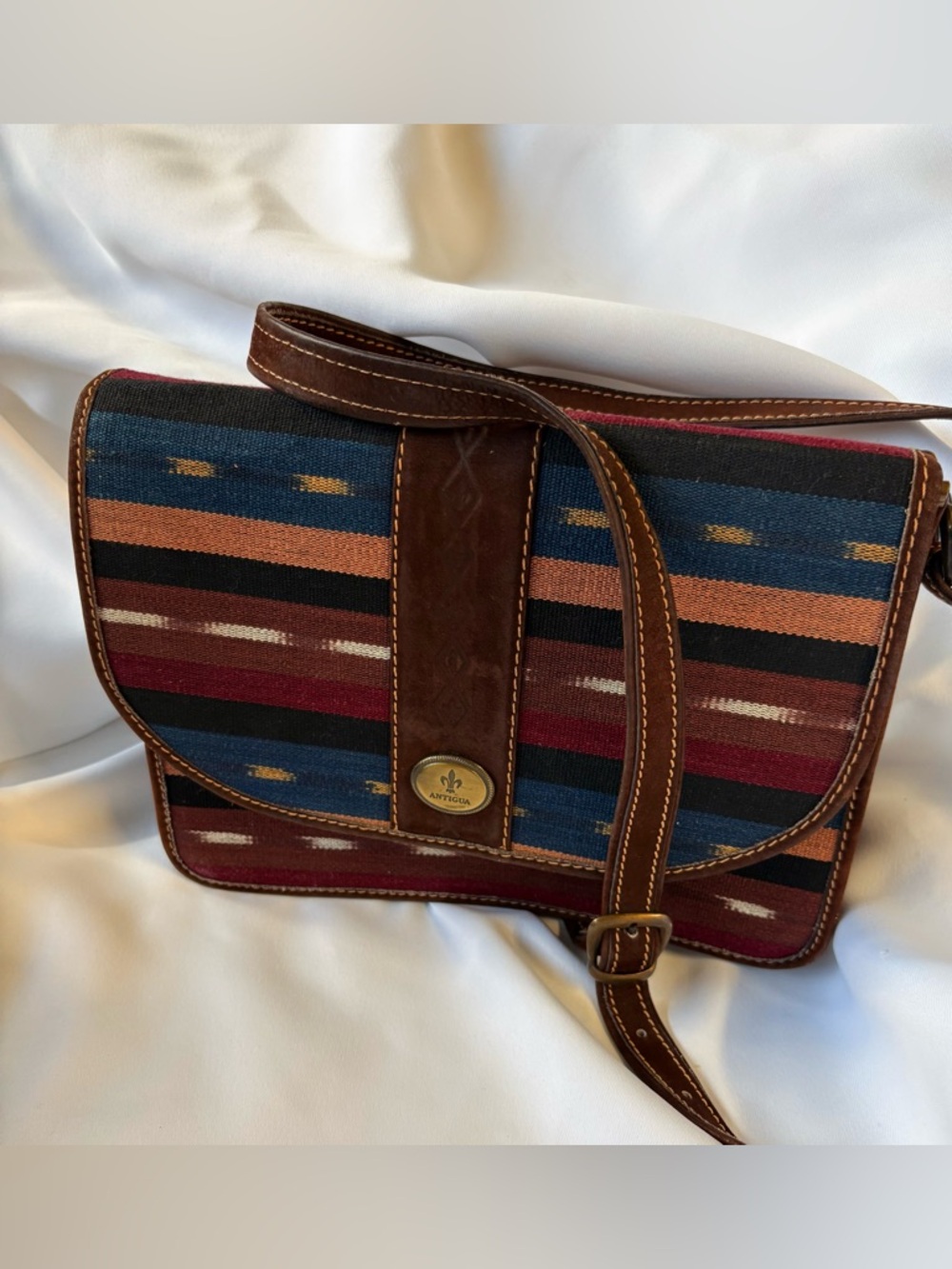 Antigua Striped Canvas Crossbody with Brown Leather Trim